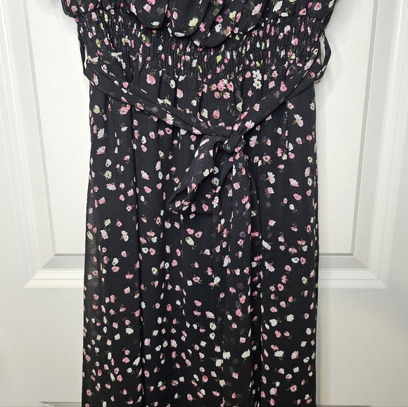 Floral Black Spaghetti Strap Ruffle Top Belted Stretch Waist Maxi Dress Size M - Picture 3 of 12